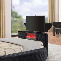 Patron Black Platform Bed (w/TV STAND IN FOOTBOARD & FIREPLACE-BLUETOOTH SPEAKERS) - Queen, King