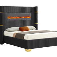 Romance Black Velvet Platform Bed (w/ Multi Color Fireplace Display, BLUETOOTH SPEAKERS & Remote Control) - Queen, King