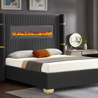 Romance Black Velvet Platform Bed (w/ Multi Color Fireplace Display, BLUETOOTH SPEAKERS & Remote Control) - Queen, King