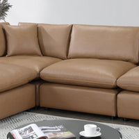 SKY Camel Leather Gel Modular Sectional, Sturdy solid wood frame, Feather & Plush Cotton Cushions, Equipped with plastic foot glides, the corner piece includes two back pillows and a throw pillow