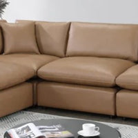 SKY Camel Leather Gel Modular Sectional, Sturdy solid wood frame, Feather & Plush Cotton Cushions, Equipped with plastic foot glides, the corner piece includes two back pillows and a throw pillow