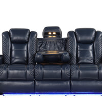STEFANO40 3PC Blue Leather Reclining Set w/BLUETOOTH Speaker, CupHolders, Charging Pads, LED Strips & Storages in each arm