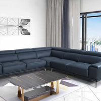 Quinton Top Grain Leather Sectional with Adjustable Headrests, Navy Blue, Mirrored Gunmetal Gray Legs **SALE**