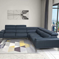 Quinton Top Grain Leather Sectional with Adjustable Headrests, Navy Blue, Mirrored Gunmetal Gray Legs **SALE**