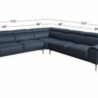 Quinton Top Grain Leather Sectional with Adjustable Headrests, Navy Blue, Mirrored Gunmetal Gray Legs **SALE**