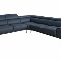 Quinton Top Grain Leather Sectional with Adjustable Headrests, Navy Blue, Mirrored Gunmetal Gray Legs **SALE**