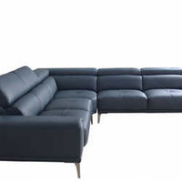 Quinton Top Grain Leather Sectional with Adjustable Headrests, Navy Blue, Mirrored Gunmetal Gray Legs **SALE**