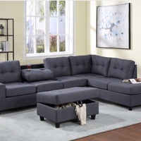 Reversible Gray Fabric Sectional w/Storage Ottoman, Features a drop down table w/cup holders