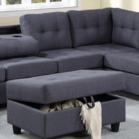 Reversible Gray Fabric Sectional w/Storage Ottoman, Features a drop down table w/cup holders