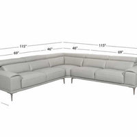 Quinton Top Grain Leather Sectional with Adjustable Headrests, Blue, Mirrored Gunmetal Gray Legs