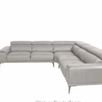 Quinton Top Grain Leather Sectional with Adjustable Headrests, Blue, Mirrored Gunmetal Gray Legs