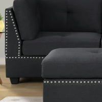 Sienna Black Linen Sectional w/Ottoman, Modern sectional & ottoman set with nailhead trim