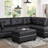 Sienna Black Faux Leather Sectional with Ottoman, Modern sectional & ottoman set with nailhead trim