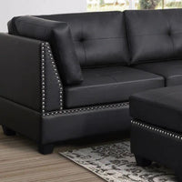 Sienna Black Faux Leather Sectional with Ottoman, Modern sectional & ottoman set with nailhead trim