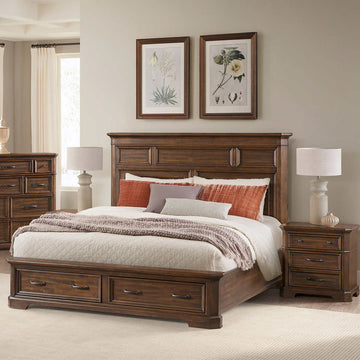 Hardwood; Durable Wooden Model Bed With Acacia Veneer, Drawers and Feet, Brown