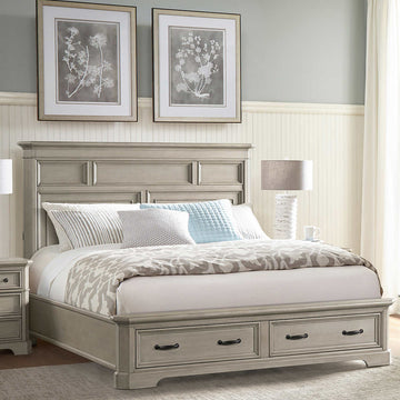 Hardwood; Durable Wooden Model Bed With Acacia Veneer, Drawers and Feet, Gray