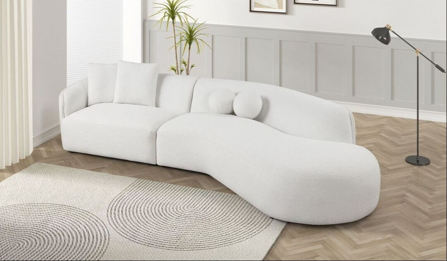 Modern Beige Sectional – Compact Comfort with Unique Round & Square Pillows