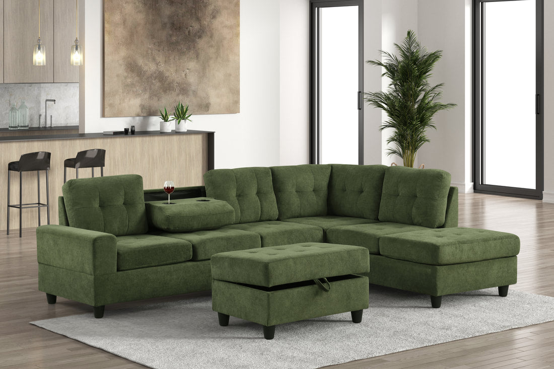 Reversible Green / Gray Sectional w/Storage Ottoman, Features a drop down table w/cup holders