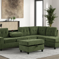 Reversible Green / Gray Sectional w/Storage Ottoman, Features a drop down table w/cup holders