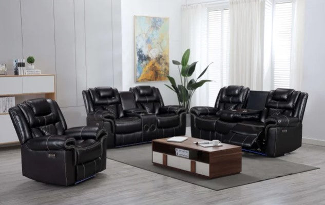 Party Time 3PCS POWER RECLINING LIVING ROOM SET, W/LED, WIRELESS CHARGER, BLUETOOTH SPEAKERS, Black