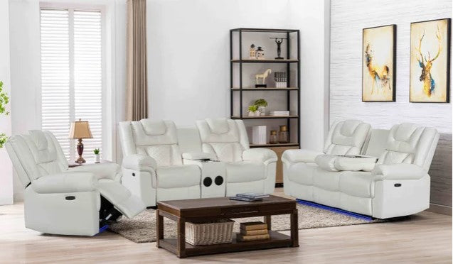 Party Time 3PCS POWER RECLINING LIVING ROOM SET, W/LED, WIRELESS CHARGER, BLUETOOTH SPEAKERS, White