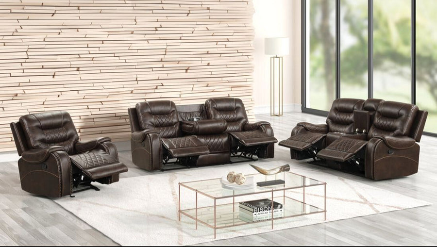 OVERSIZED 3PC Reclining Living Room Set, Brown ( Sofa w/ Drop Down Table with Cupholders & Power Box - Loveseat with Storage Console - Chair with Glider) / PRE-ORDER