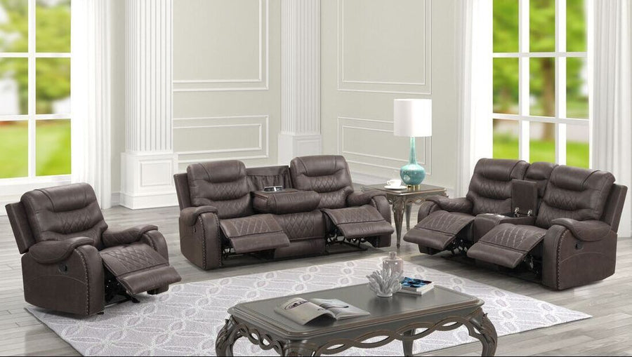 Ashley3002 OVERSIZED 3PC Chocolate Reclining Set, Sofa w/ Drop-Down Table with Cupholders & Power Box (USB/Power Outlets) - Loveseat with Storage Console - Recliner Chair with Glider) / PRE-ORDER