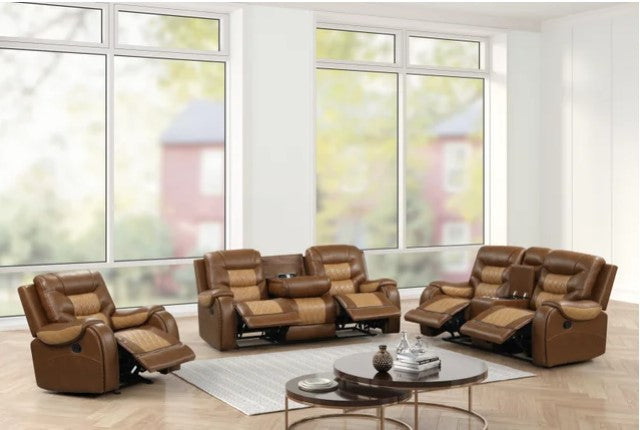 OVERSIZED 2-Tone Brown 3PC Reclining Set, Sofa w/ Drop Down Table with Cupholders & Power Box - Loveseat with Storage Console - Rocking Chair )/ PRE-ORDER