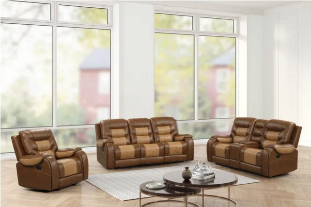 OVERSIZED 2-Tone Brown 3PC Reclining Set, Sofa w/ Drop Down Table with Cupholders & Power Box - Loveseat with Storage Console - Rocking Chair )/ PRE-ORDER