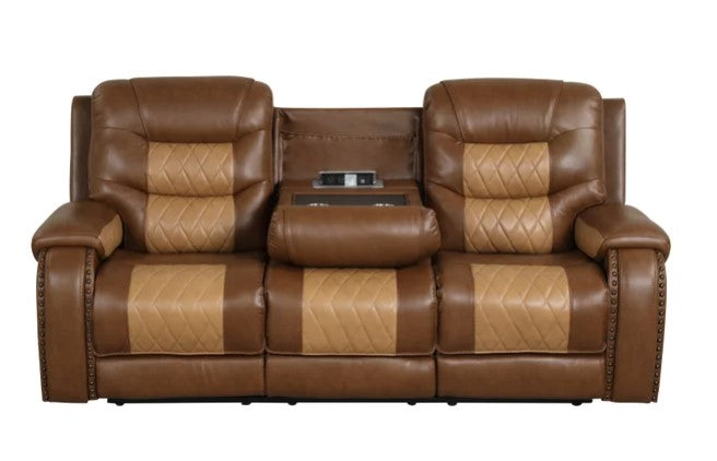 OVERSIZED 2-Tone Brown 3PC Reclining Set, Sofa w/ Drop Down Table with Cupholders & Power Box - Loveseat with Storage Console - Rocking Chair )/ PRE-ORDER