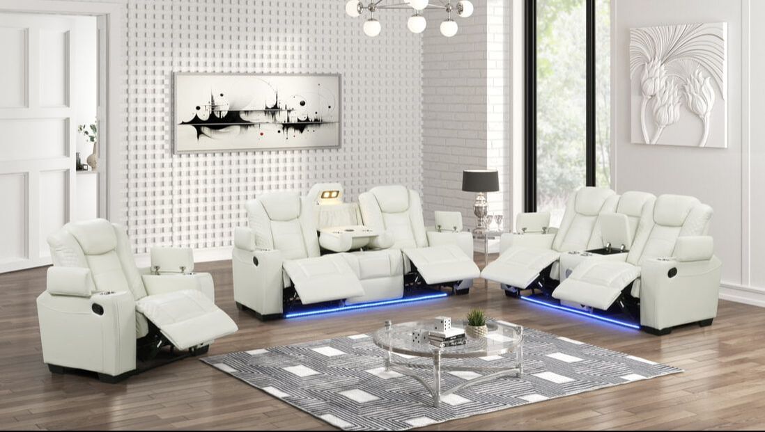 STEFANO50 3PC White Leather Reclining Set w/BLUETOOTH Speaker, Charging Pads, LED Strips & Storages in each arm