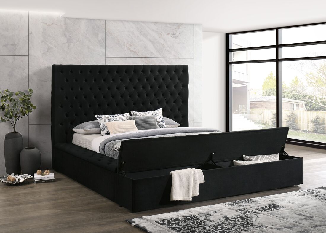 Modern upholstered, Paris Velvet Storage Platform Bed, Queen / King Black, EASY ASSEMBLE