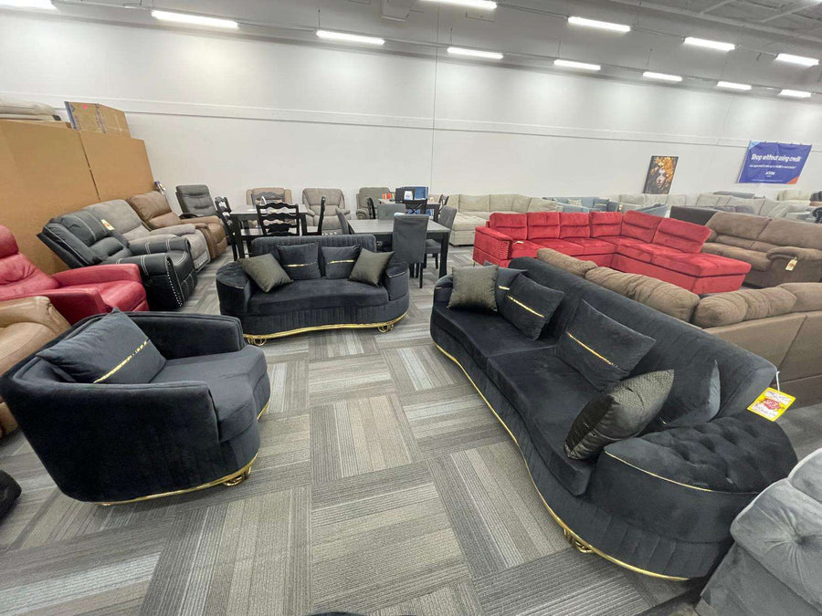 Venetti Black Velvet Sofa, Loveseat and Chair
