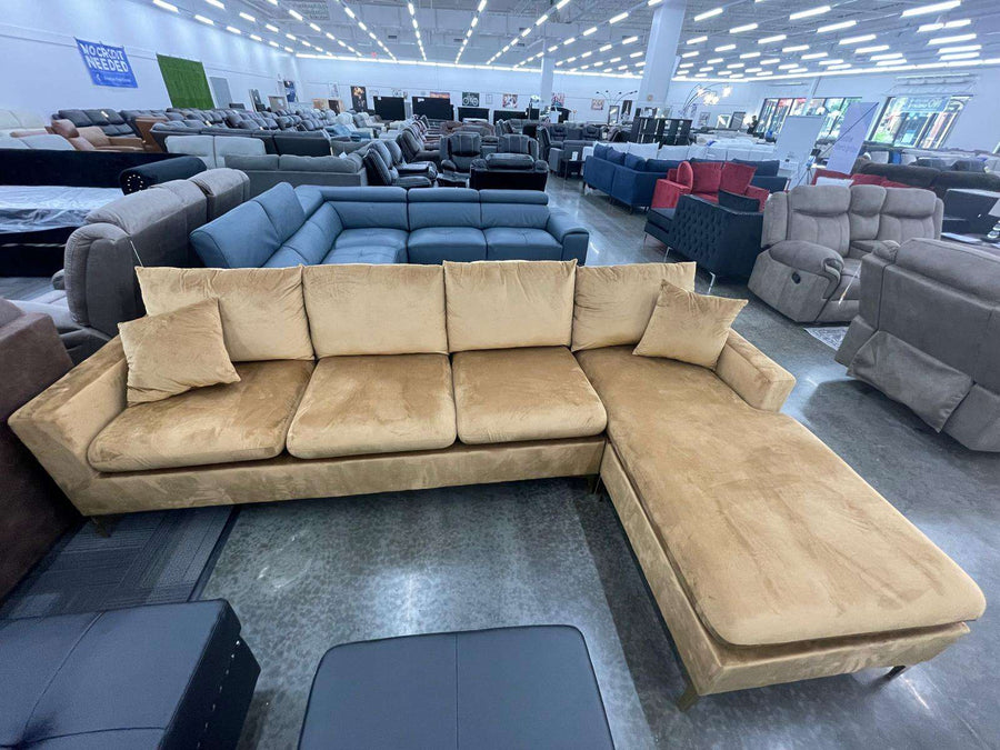 Amber Gold Velvet L-shaped Sectional *REVERSIBLE CHAISE*, Gold Metal Legs ***SALE***