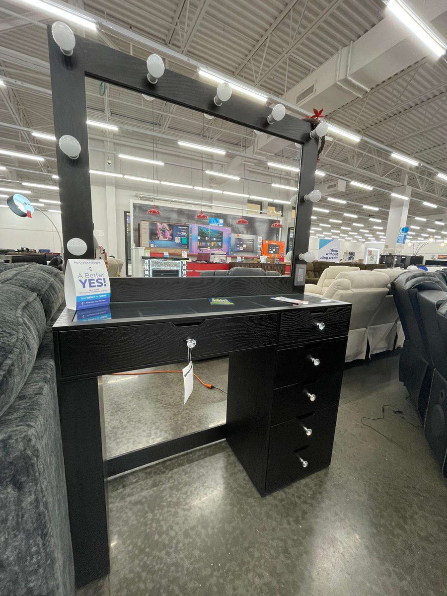 Black Vanity Mirror Set, Rectangular mirror with light bulbs & Drawers with silver knobs