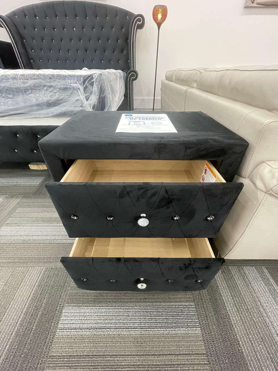 Diamond Palace Black Velvet Bedroom Set ( Bed, Dresser, Mirror, Nightstand, Chest )