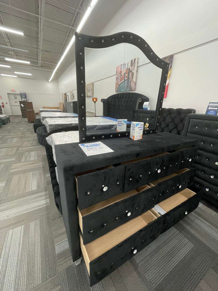 Diamond Palace Black Velvet Bedroom Set ( Bed, Dresser, Mirror, Nightstand, Chest )