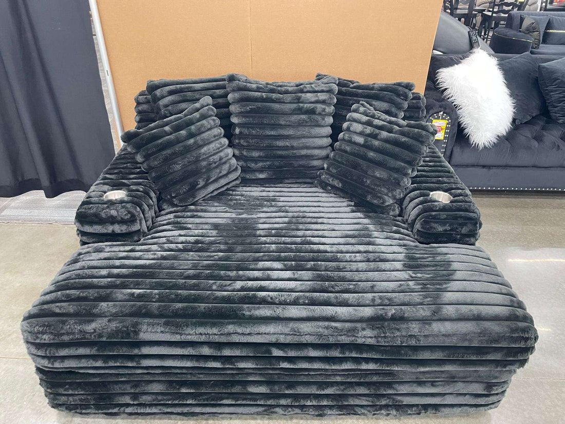 Oversized Black Chaise Lounge, 2 Cupholders & USB Charging Ports