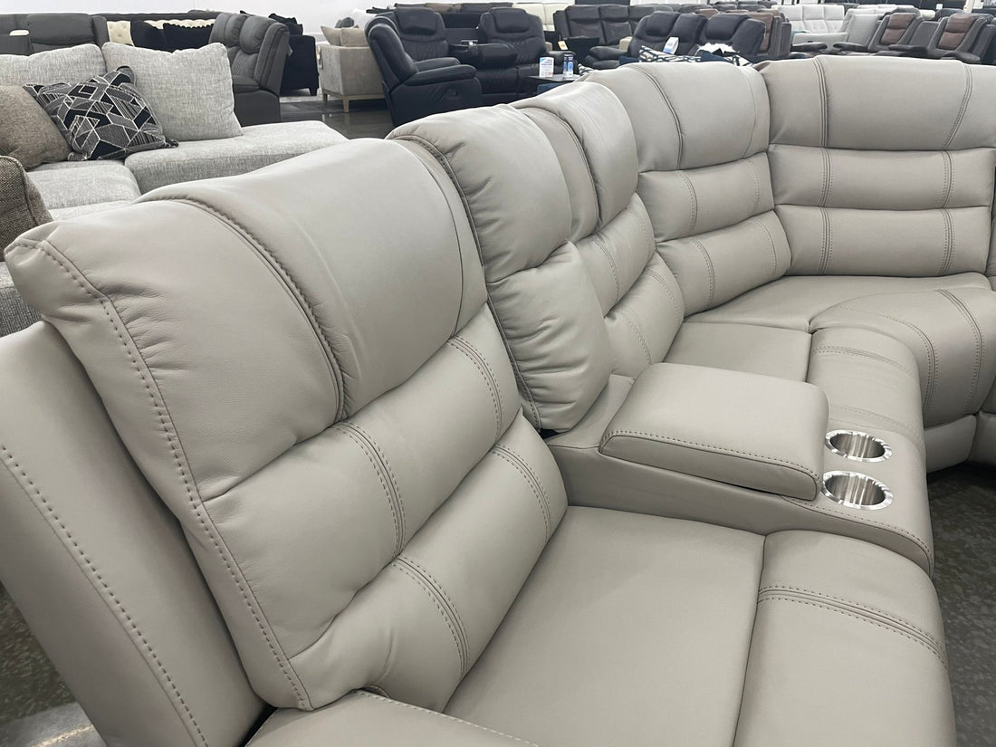 Manuel Reclining Gray Leather Sectional w/Stainless Steel Cup Holders & Hidden Storages