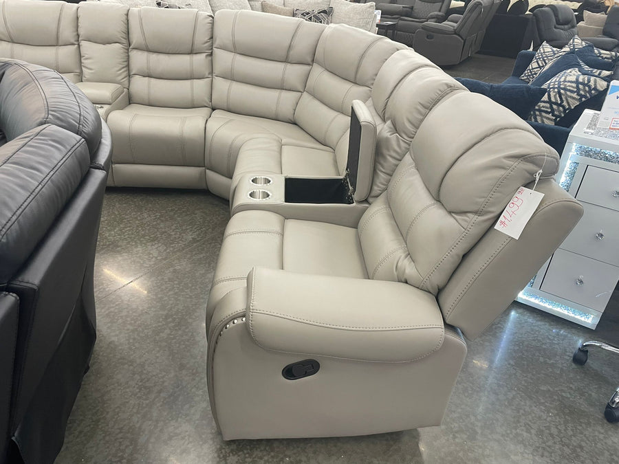 Manuel Reclining Gray Leather Sectional w/Stainless Steel Cup Holders & Hidden Storages
