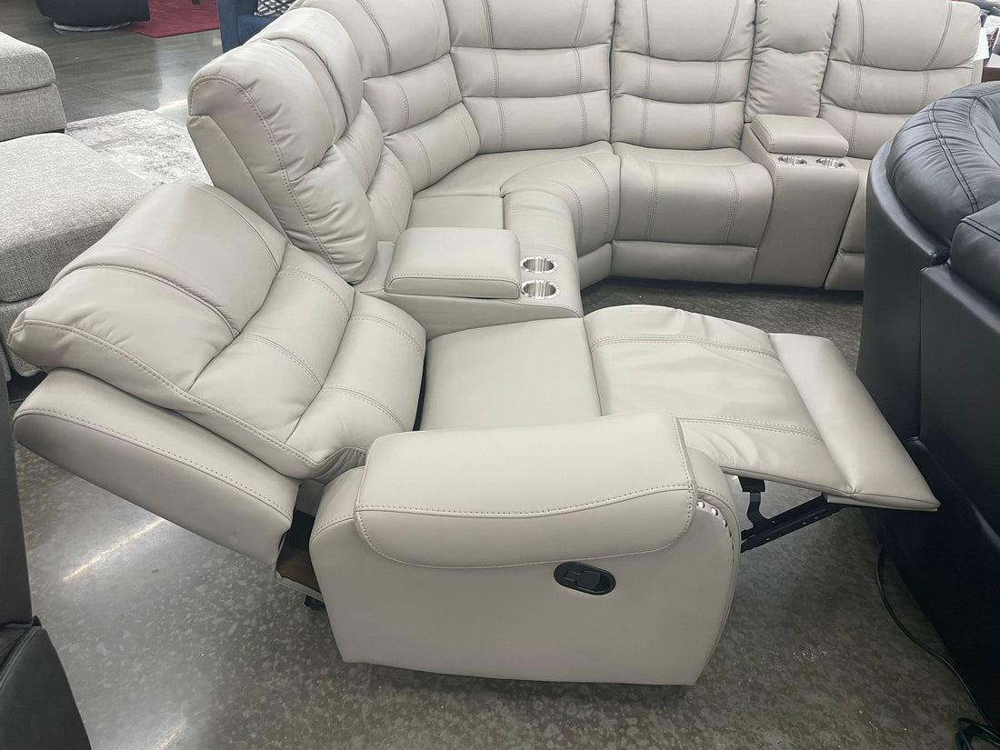 Manuel Reclining Gray Leather Sectional w/Stainless Steel Cup Holders & Hidden Storages