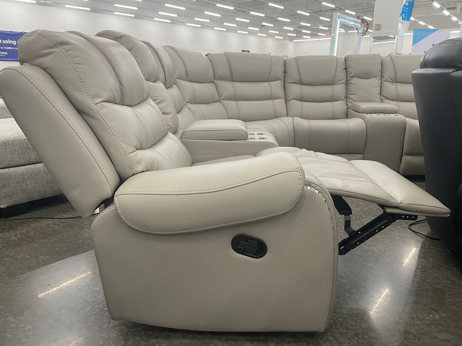 Manuel Reclining Gray Leather Sectional w/Stainless Steel Cup Holders & Hidden Storages