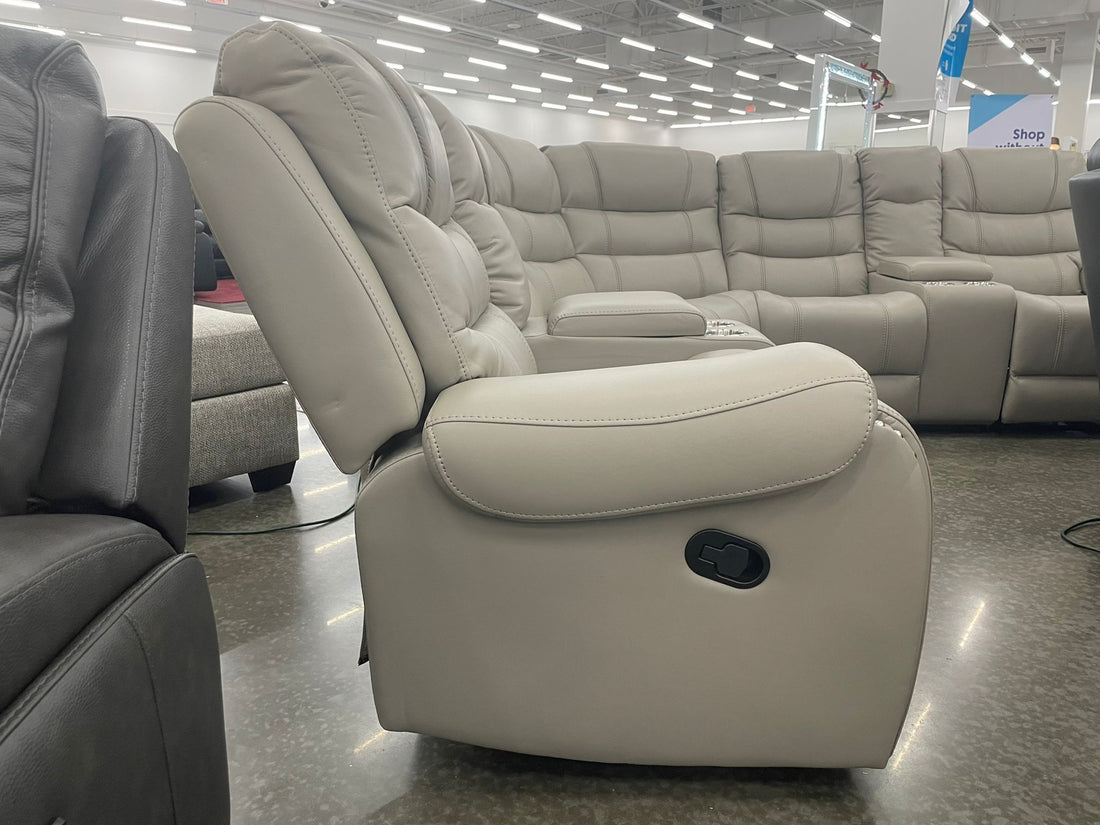Manuel Reclining Gray Leather Sectional w/Stainless Steel Cup Holders & Hidden Storages