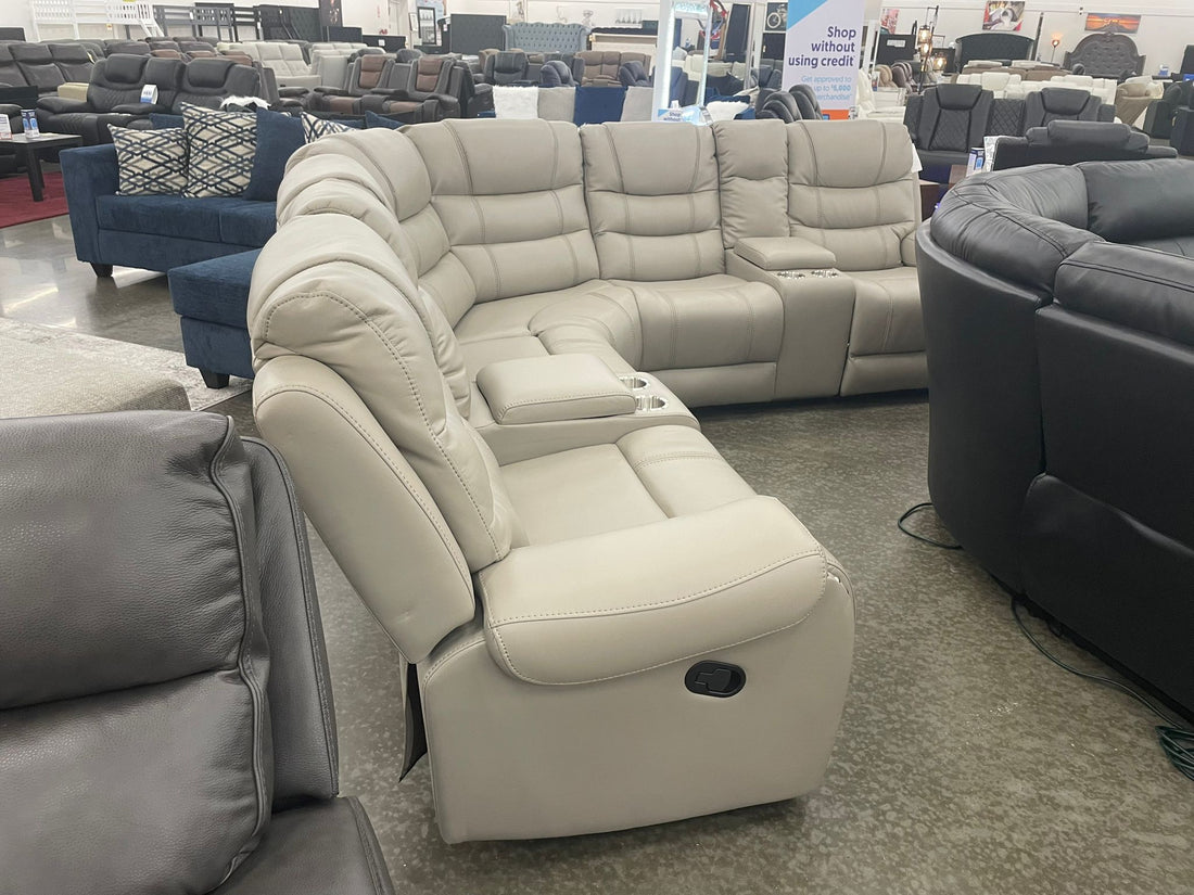 Manuel Reclining Gray Leather Sectional w/Stainless Steel Cup Holders & Hidden Storages