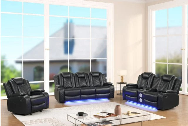 3PC Black Manual Reclining Set, Bluetooth Speakers on Loveseat, Sofa Drop Down w/ 2 Charging Pads, **SALE**