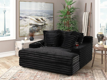 Oversized Black Chaise Lounge, 2 Cupholders & USB Charging Ports