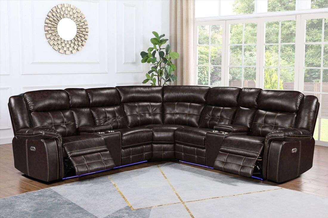 Brown Power Reclining Sectional in Leather Gel, 2 power recliners, LED lights and USB Chargers, 2 Storage Consoles w/Cupholders (PRE-ORDER)