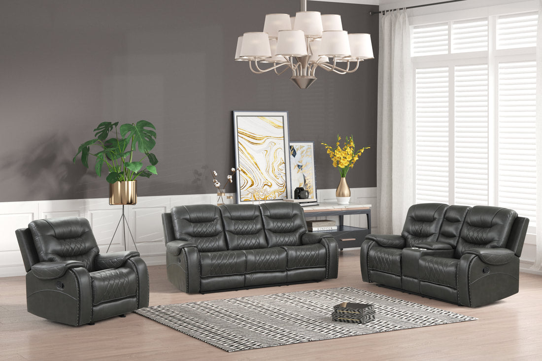 OVERSIZED 3PC Reclining Living Room Set, Gray ( Sofa w/ Drop Down Table with Cupholders & Power Box (USB/Power Outlets) - Loveseat with Storage Console - Recliner Chair with Glider)