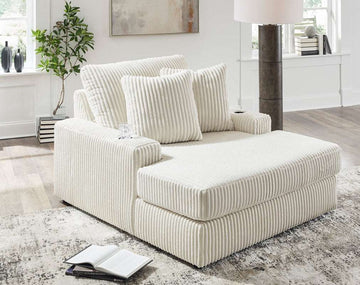 Oversized Ivory Chaise Lounge w/USB Ports, Cup Holders & Reversible Back-Seat Cushions