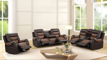 OVERSIZED 2-Tone Brown 3PC Reclining Set - ( Sofa w/ Drop Down Table with Cupholders & Power Box - Loveseat with Storage Console - Chair with Glider)